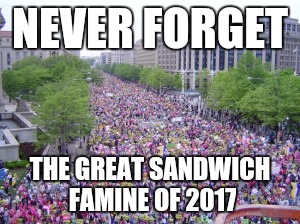 Million sandwich maker march | NEVER FORGET; THE GREAT SANDWICH FAMINE OF 2017 | image tagged in memes,make me a sandwich,never forget | made w/ Imgflip meme maker