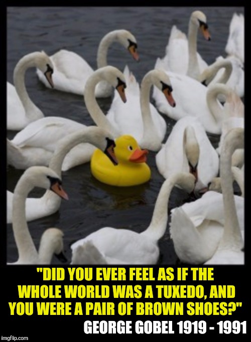 We all feel out of place at times | "DID YOU EVER FEEL AS IF THE WHOLE WORLD WAS A TUXEDO, AND YOU WERE A PAIR OF BROWN SHOES?"; GEORGE GOBEL 1919 - 1991 | image tagged in quotes,george gobel,tuxedo,brown shoes,swans,rubber duck | made w/ Imgflip meme maker