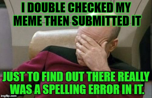 Captain Picard Facepalm | I DOUBLE CHECKED MY MEME THEN SUBMITTED IT; JUST TO FIND OUT THERE REALLY WAS A SPELLING ERROR IN IT. | image tagged in memes,captain picard facepalm | made w/ Imgflip meme maker