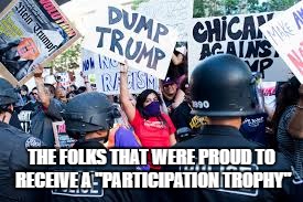 THE FOLKS THAT WERE PROUD TO RECEIVE A "PARTICIPATION TROPHY" | image tagged in trump protestors,whiners,participation trophy | made w/ Imgflip meme maker