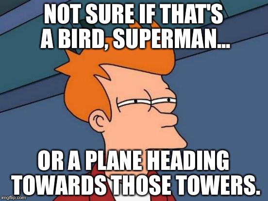 Futurama Fry Meme | NOT SURE IF THAT'S A BIRD, SUPERMAN... OR A PLANE HEADING TOWARDS THOSE TOWERS. | image tagged in memes,futurama fry | made w/ Imgflip meme maker