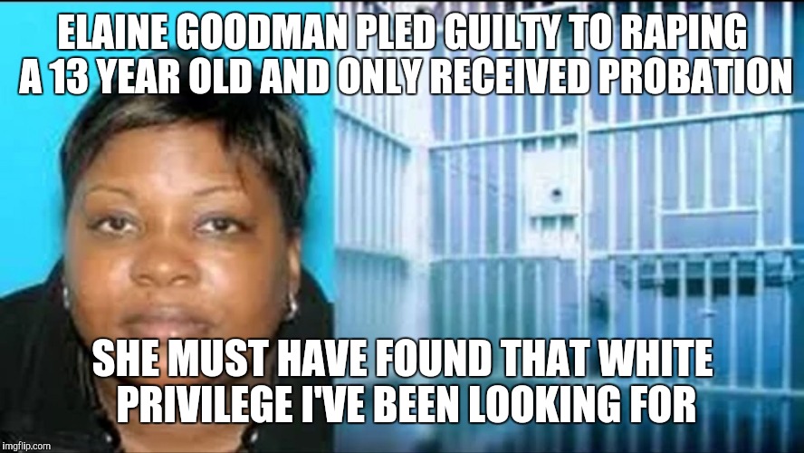 ELAINE GOODMAN PLED GUILTY TO RAPING A 13 YEAR OLD AND ONLY RECEIVED PROBATION; SHE MUST HAVE FOUND THAT WHITE PRIVILEGE I'VE BEEN LOOKING FOR | image tagged in elaine goodman | made w/ Imgflip meme maker
