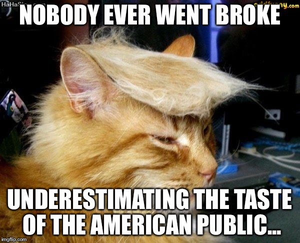 donald trump cat | NOBODY EVER WENT BROKE; UNDERESTIMATING THE TASTE OF THE AMERICAN PUBLIC... | image tagged in donald trump cat | made w/ Imgflip meme maker