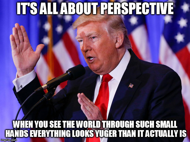 IT'S ALL ABOUT PERSPECTIVE; WHEN YOU SEE THE WORLD THROUGH SUCH SMALL HANDS EVERYTHING LOOKS YUGER THAN IT ACTUALLY IS | image tagged in donald trump,trump,trump inauguration,inauguration,trump huge,trump hands | made w/ Imgflip meme maker