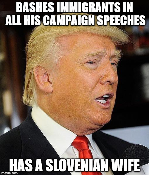 BASHES IMMIGRANTS IN ALL HIS CAMPAIGN SPEECHES; HAS A SLOVENIAN WIFE | image tagged in donald trump,government corruption,immigration,melania trump | made w/ Imgflip meme maker