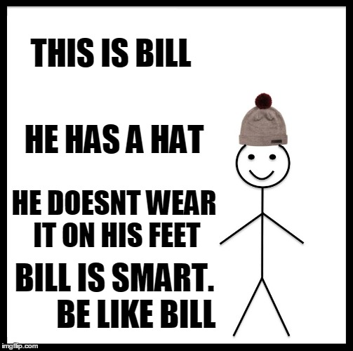 Be Like Bill | THIS IS BILL; HE HAS A HAT; HE DOESNT WEAR IT ON HIS FEET; BILL IS SMART.       BE LIKE BILL | image tagged in memes,be like bill | made w/ Imgflip meme maker