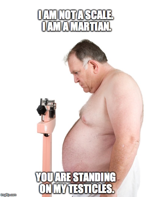 monday mornings | I AM NOT A SCALE. I AM A MARTIAN. YOU ARE STANDING ON MY TESTICLES. | image tagged in really bad monday morning | made w/ Imgflip meme maker
