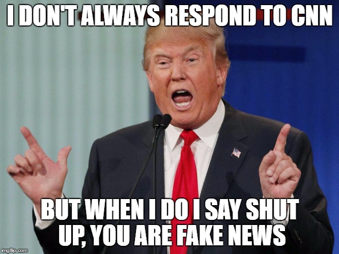 Donald Trump | I DON'T ALWAYS RESPOND TO CNN; BUT WHEN I DO I SAY SHUT UP, YOU ARE FAKE NEWS | image tagged in donald trump | made w/ Imgflip meme maker