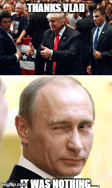TRUMP / PUTIN | THANKS VLAD; IT WAS NOTHING.... | image tagged in trump,president trump,putin,funny,russia,political | made w/ Imgflip meme maker
