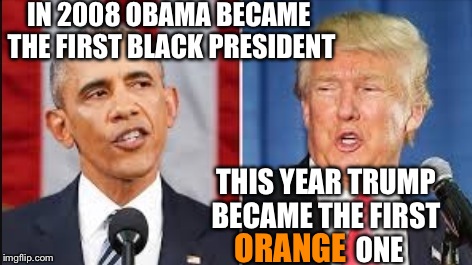 Someday we'll have the whole rainbow! | IN 2008 OBAMA BECAME THE FIRST BLACK PRESIDENT; THIS YEAR TRUMP BECAME THE FIRST                    ONE; ORANGE | image tagged in donald trump,obama | made w/ Imgflip meme maker