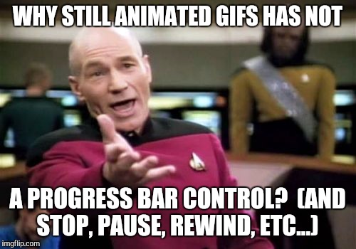 Picard Wtf Meme | WHY STILL ANIMATED GIFS HAS NOT; A PROGRESS BAR CONTROL? 
(AND STOP, PAUSE, REWIND, ETC...) | image tagged in memes,picard wtf | made w/ Imgflip meme maker