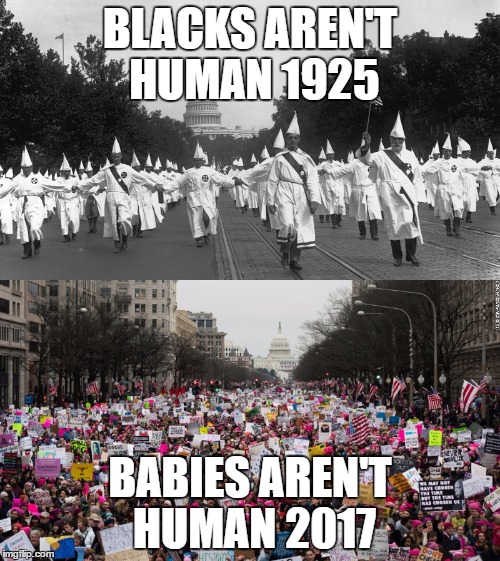 Not Human | BLACKS AREN'T HUMAN
1925; BABIES AREN'T HUMAN
2017 | image tagged in womans march,kkk,abortion | made w/ Imgflip meme maker
