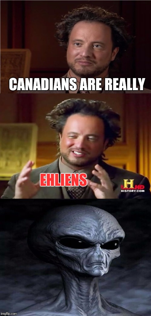 I'm making the same pun two different ways. Let me know which is better. | CANADIANS ARE REALLY; EHLIENS | image tagged in bad pun aliens guy,bad pun,memes,puns,skipp,funny memes | made w/ Imgflip meme maker