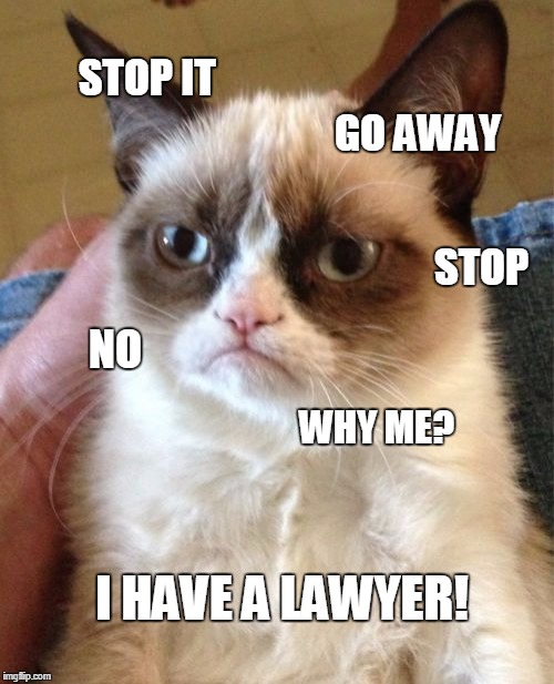 Grumpy Cat | STOP IT; GO AWAY; STOP; NO; WHY ME? I HAVE A LAWYER! | image tagged in memes,grumpy cat | made w/ Imgflip meme maker