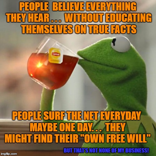 But That's None Of My Business | PEOPLE  BELIEVE EVERYTHING THEY HEAR . . .  WITHOUT EDUCATING THEMSELVES ON TRUE FACTS; PEOPLE SURF THE NET EVERYDAY MAYBE ONE DAY. . .  THEY MIGHT FIND THEIR "OWN FREE WILL"; BUT THAT'S NOT NONE OF MY BUSINESS! | image tagged in memes,but thats none of my business,kermit the frog | made w/ Imgflip meme maker