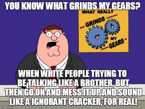 YOU KNOW WHAT GRINDS MY GEARS? WHEN WHITE PEOPLE TRYING TO BE TALKING LIKE A BROTHER, BUT THEN GO ON AND MESS IT UP AND SOUND LIKE A IGNORAN | made w/ Imgflip meme maker