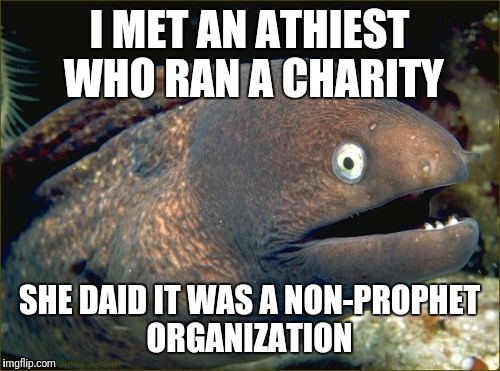 Bad Joke Eel | I MET AN ATHIEST WHO RAN A CHARITY; SHE DAID IT WAS A NON-PROPHET ORGANIZATION | image tagged in memes,bad joke eel | made w/ Imgflip meme maker