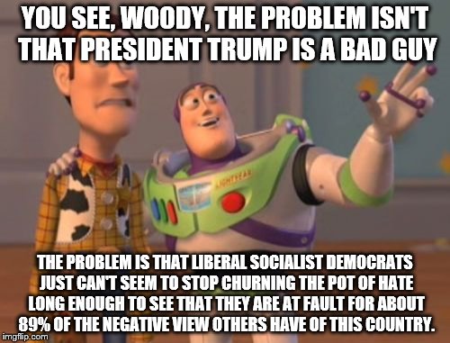 X, X Everywhere | YOU SEE, WOODY, THE PROBLEM ISN'T THAT PRESIDENT TRUMP IS A BAD GUY; THE PROBLEM IS THAT LIBERAL SOCIALIST DEMOCRATS JUST CAN'T SEEM TO STOP CHURNING THE POT OF HATE LONG ENOUGH TO SEE THAT THEY ARE AT FAULT FOR ABOUT 89% OF THE NEGATIVE VIEW OTHERS HAVE OF THIS COUNTRY. | image tagged in memes,x x everywhere | made w/ Imgflip meme maker