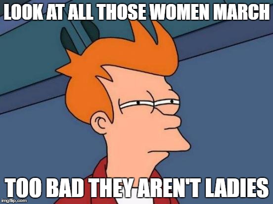Futurama Fry Meme | LOOK AT ALL THOSE WOMEN MARCH; TOO BAD THEY AREN'T LADIES | image tagged in memes,futurama fry | made w/ Imgflip meme maker