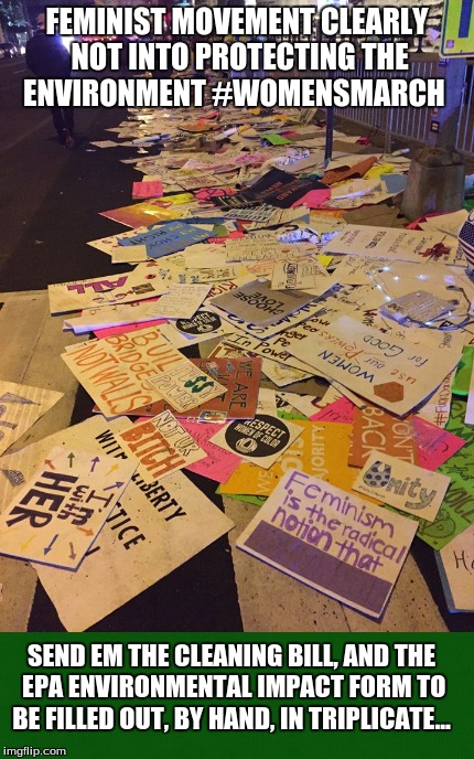 FEMINIST MOVEMENT CLEARLY NOT INTO PROTECTING THE ENVIRONMENT #WOMENSMARCH; SEND EM THE CLEANING BILL, AND THE EPA ENVIRONMENTAL IMPACT FORM TO BE FILLED OUT, BY HAND, IN TRIPLICATE... | image tagged in politics | made w/ Imgflip meme maker