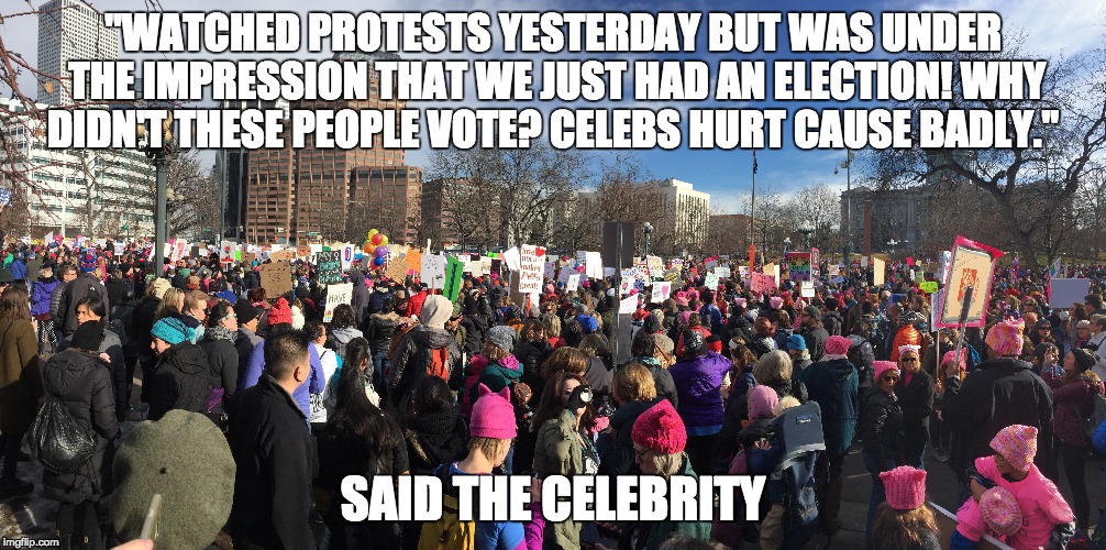 "WATCHED PROTESTS YESTERDAY BUT WAS UNDER THE IMPRESSION THAT WE JUST HAD AN ELECTION! WHY DIDN'T THESE PEOPLE VOTE? CELEBS HURT CAUSE BADLY."; SAID THE CELEBRITY | image tagged in womens march | made w/ Imgflip meme maker
