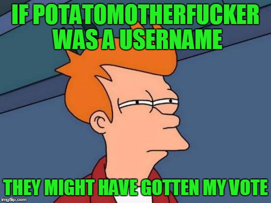 Futurama Fry Meme | IF POTATOMOTHERF**KER WAS A USERNAME THEY MIGHT HAVE GOTTEN MY VOTE | image tagged in memes,futurama fry | made w/ Imgflip meme maker
