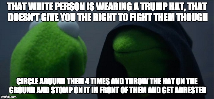 Evil Kermit | THAT WHITE PERSON IS WEARING A TRUMP HAT, THAT DOESN'T GIVE YOU THE RIGHT TO FIGHT THEM THOUGH; CIRCLE AROUND THEM 4 TIMES AND THROW THE HAT ON THE GROUND AND STOMP ON IT IN FRONT OF THEM AND GET ARRESTED | image tagged in evil kermit | made w/ Imgflip meme maker
