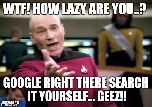 Picard Wtf Meme | WTF! HOW LAZY ARE YOU..? GOOGLE RIGHT THERE SEARCH IT YOURSELF... GEEZ!! MARSHALL #12 | image tagged in memes,picard wtf | made w/ Imgflip meme maker