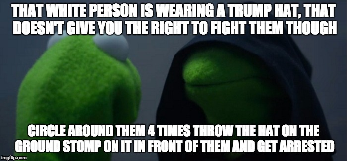 Evil Kermit | THAT WHITE PERSON IS WEARING A TRUMP HAT, THAT DOESN'T GIVE YOU THE RIGHT TO FIGHT THEM THOUGH; CIRCLE AROUND THEM 4 TIMES THROW THE HAT ON THE GROUND STOMP ON IT IN FRONT OF THEM AND GET ARRESTED | image tagged in evil kermit | made w/ Imgflip meme maker