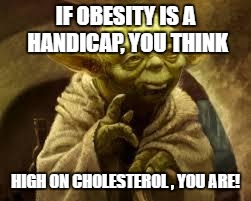 yoda | IF OBESITY IS A HANDICAP, YOU THINK; HIGH ON CHOLESTEROL , YOU ARE! | image tagged in yoda | made w/ Imgflip meme maker