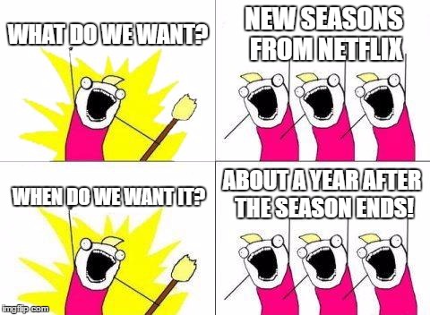 What Do We Want | WHAT DO WE WANT? NEW SEASONS FROM NETFLIX; ABOUT A YEAR AFTER THE SEASON ENDS! WHEN DO WE WANT IT? | image tagged in memes,what do we want | made w/ Imgflip meme maker