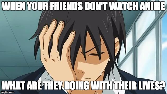 Y U No Watch Anime | WHEN YOUR FRIENDS DON'T WATCH ANIME; WHAT ARE THEY DOING WITH THEIR LIVES? | image tagged in anime,face palm | made w/ Imgflip meme maker