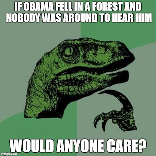 Political Philosoraptor | IF OBAMA FELL IN A FOREST AND NOBODY WAS AROUND TO HEAR HIM; WOULD ANYONE CARE? | image tagged in memes,philosoraptor | made w/ Imgflip meme maker