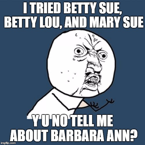 Y U No | I TRIED BETTY SUE, BETTY LOU, AND MARY SUE; Y U NO TELL ME ABOUT BARBARA ANN? | image tagged in memes,y u no | made w/ Imgflip meme maker