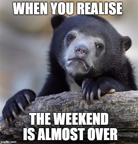 Weekend | WHEN YOU REALISE; THE WEEKEND IS ALMOST OVER | image tagged in memes,confession bear,weekend | made w/ Imgflip meme maker