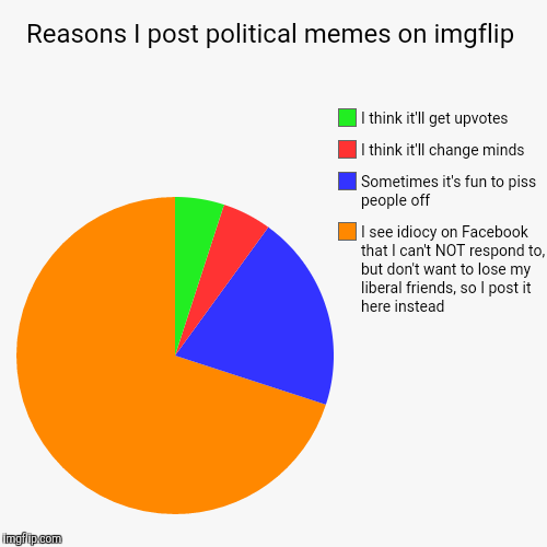 Reasons I post political memes on imgflip | I see idiocy on Facebook that I can't NOT respond to, but don't want to lose my liberal friends, | image tagged in funny,pie charts | made w/ Imgflip chart maker