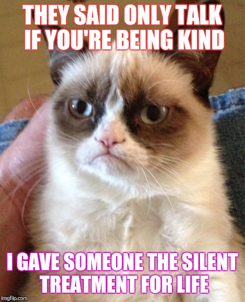 wow grumpy cat. very smart | THEY SAID ONLY TALK IF YOU'RE BEING KIND; I GAVE SOMEONE THE SILENT TREATMENT FOR LIFE | image tagged in memes,grumpy cat | made w/ Imgflip meme maker