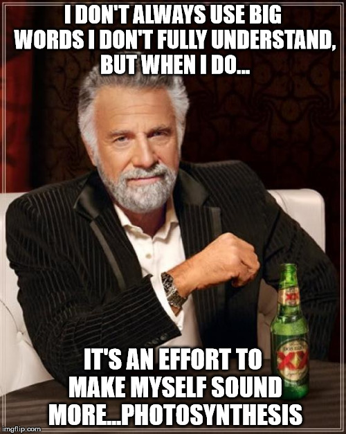 The Most Interesting Man In The World Meme | I DON'T ALWAYS USE BIG WORDS I DON'T FULLY UNDERSTAND, BUT WHEN I DO... IT'S AN EFFORT TO MAKE MYSELF SOUND MORE...PHOTOSYNTHESIS | image tagged in memes,the most interesting man in the world | made w/ Imgflip meme maker