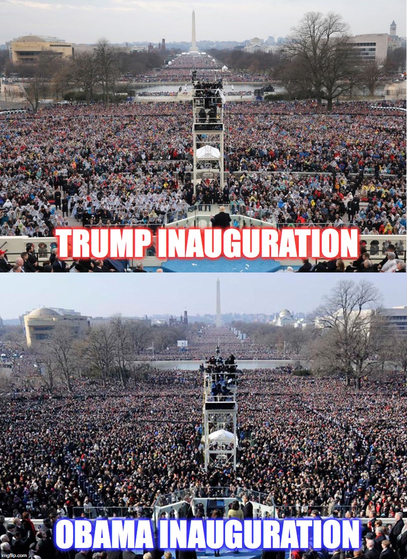 all depends if you focus on those white plastic sheets that no one wants to stand on because they are wet with rain | TRUMP INAUGURATION; OBAMA INAUGURATION | image tagged in inauguration day,trump inauguration,obama | made w/ Imgflip meme maker