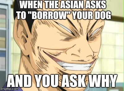 Rip Pupper | WHEN THE ASIAN ASKS TO "BORROW" YOUR DOG; AND YOU ASK WHY | image tagged in offensive | made w/ Imgflip meme maker