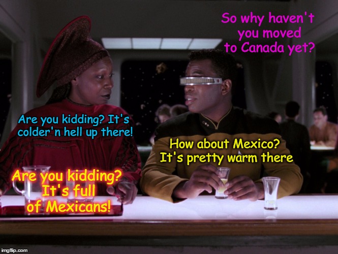 But I'm Not Racist | So why haven't you moved to Canada yet? Are you kidding? It's colder'n hell up there! How about Mexico? It's pretty warm there; Are you kidding? It's full of Mexicans! | image tagged in funny memes,wmp,whoppi goldberg,celebrities moving to canada,racism | made w/ Imgflip meme maker