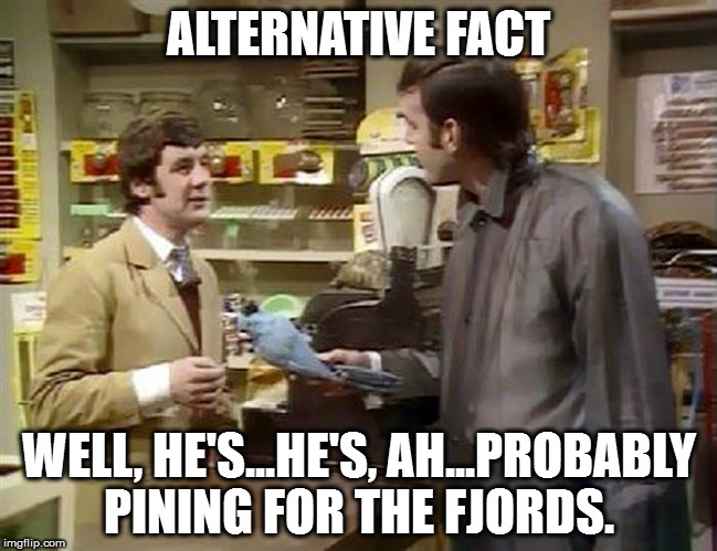 ALTERNATIVE FACT; WELL, HE'S...HE'S, AH...PROBABLY PINING FOR THE FJORDS. | image tagged in altfacts | made w/ Imgflip meme maker