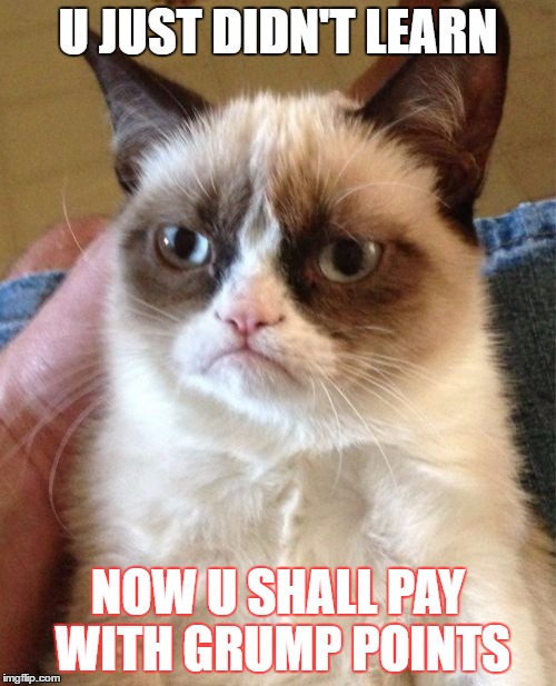 Grumpy Cat Meme | U JUST DIDN'T LEARN; NOW U SHALL PAY WITH GRUMP POINTS | image tagged in memes,grumpy cat | made w/ Imgflip meme maker