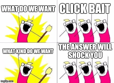 What Do We Want Meme | WHAT DO WE WANT; CLICK BAIT; WHAT KIND DO WE WANT; THE ANSWER WILL SHOCK YOU | image tagged in memes,what do we want | made w/ Imgflip meme maker
