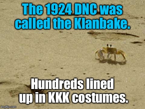 Little Acknowledged Fact Crab | The 1924 DNC was called the Klanbake. Hundreds lined up in KKK costumes. | image tagged in little acknowledged fact crab | made w/ Imgflip meme maker