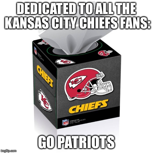 Kansas City Chiefs  | DEDICATED TO ALL THE KANSAS CITY CHIEFS FANS:; GO PATRIOTS | image tagged in kansas city chiefs | made w/ Imgflip meme maker