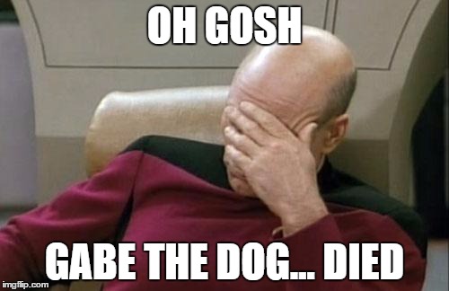 Captain Picard Facepalm | OH GOSH; GABE THE DOG... DIED | image tagged in memes,captain picard facepalm | made w/ Imgflip meme maker