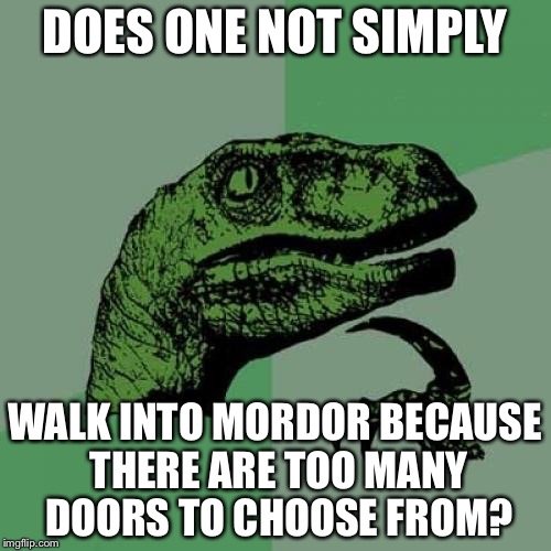 Philosoraptor Meme | DOES ONE NOT SIMPLY; WALK INTO MORDOR BECAUSE THERE ARE TOO MANY DOORS TO CHOOSE FROM? | image tagged in memes,philosoraptor | made w/ Imgflip meme maker