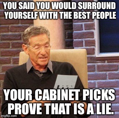 Maury Lie Detector | YOU SAID YOU WOULD SURROUND YOURSELF WITH THE BEST PEOPLE; YOUR CABINET PICKS PROVE THAT IS A LIE. | image tagged in memes,maury lie detector | made w/ Imgflip meme maker