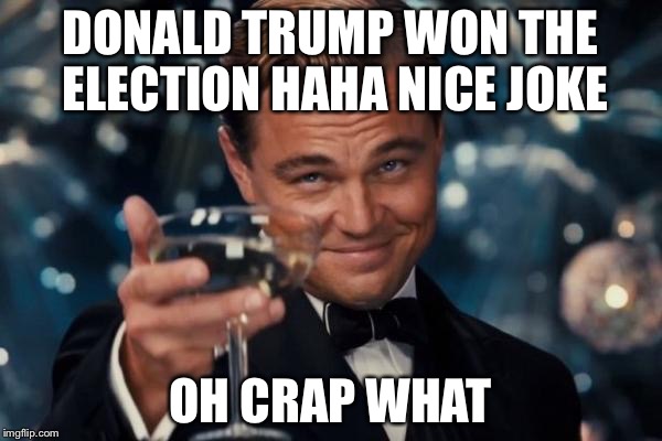 Leonardo Dicaprio Cheers | DONALD TRUMP WON THE ELECTION HAHA NICE JOKE; OH CRAP WHAT | image tagged in memes,leonardo dicaprio cheers | made w/ Imgflip meme maker